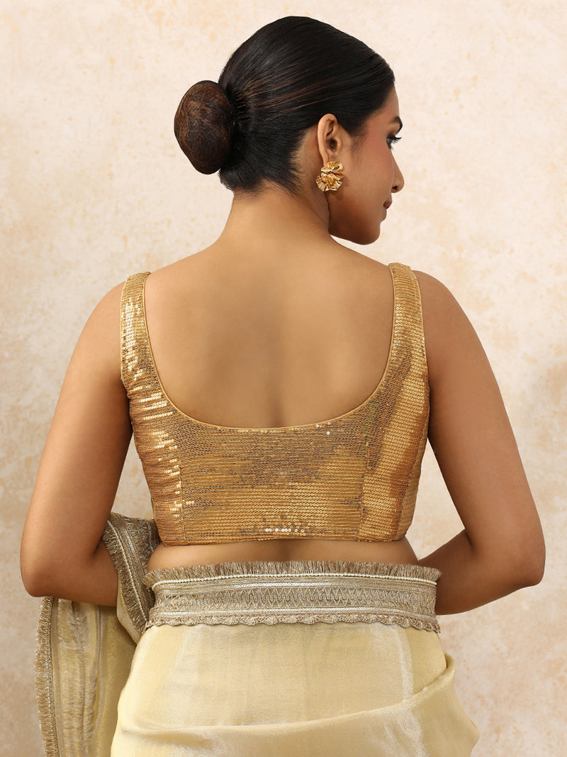 Ayesha x Tyohaar | Sleeveless Gold Sequined Saree Blouse with Round Neck-Binks