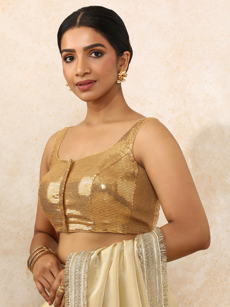 Ayesha x Tyohaar | Sleeveless Gold Sequined Saree Blouse with Round Neck-Binks