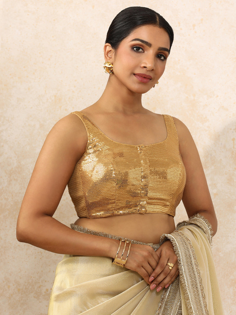 Ayesha x Tyohaar | Sleeveless Gold Sequined Saree Blouse with Round Neck-Binks