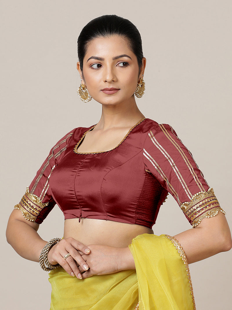 Aziza x Tyohaar | Elbow Sleeves Saree Blouse in Auburn Red-Binks