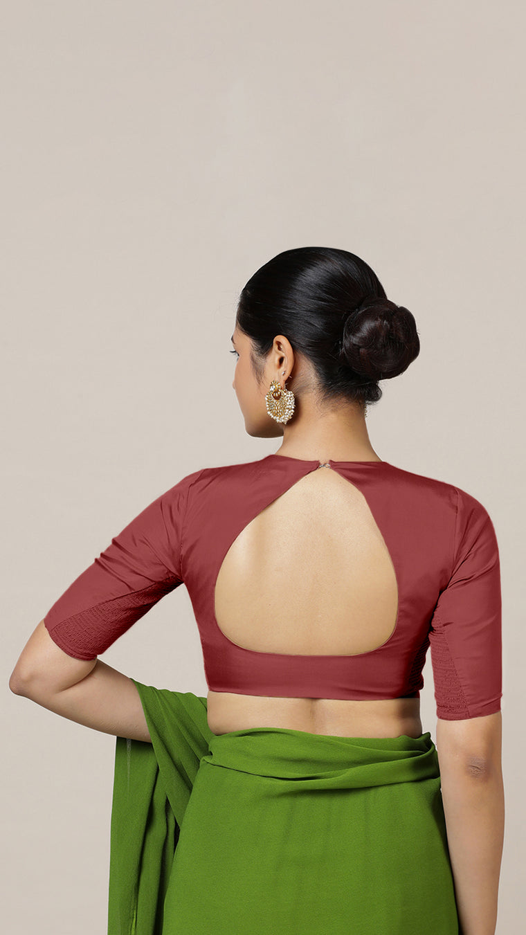 Aziza x Rozaana Saree Blouse, in Red Vegan Silk, featuring elbow sleeves and square neckline, made for daily & work (view 2).