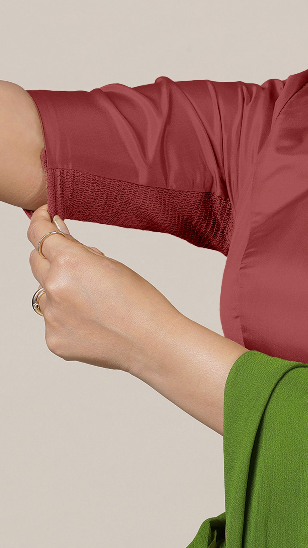 Aziza x Rozaana Saree Blouse, in Red Vegan Silk, featuring elbow sleeves and square neckline, made for daily & work (view 3).