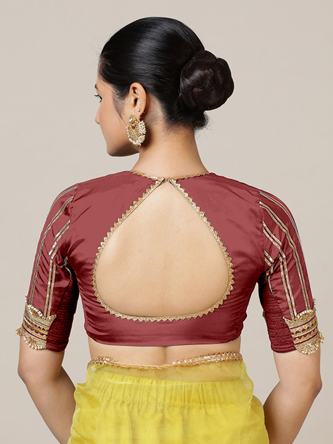 Aziza x Tyohaar Saree Blouse, in Red Vegan Silk, featuring elbow sleeves and square neckline, made for party & festive (view 4).