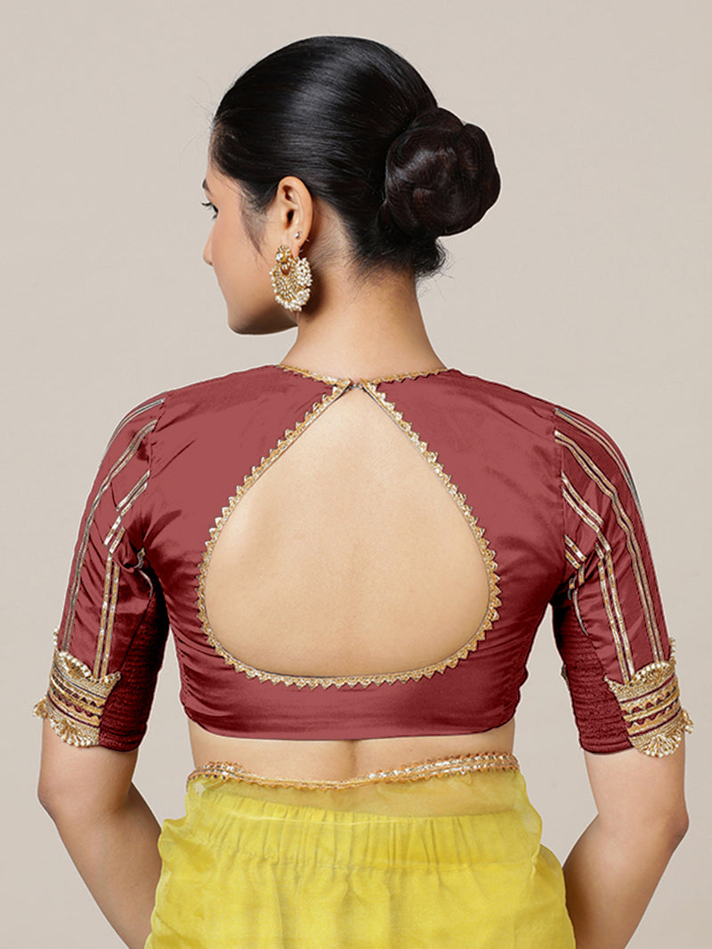 Aziza x Tyohaar | Elbow Sleeves Saree Blouse in Auburn Red-Binks