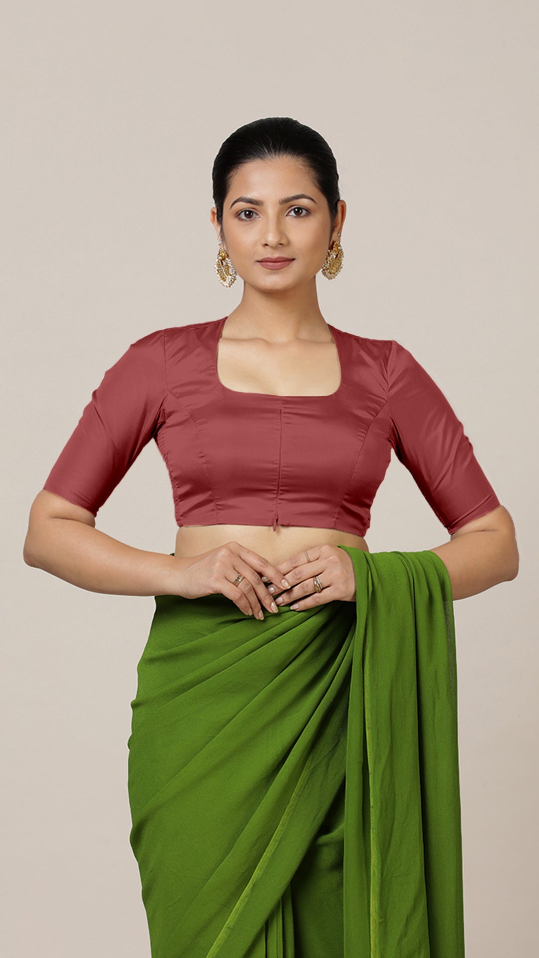 Aziza x Rozaana Saree Blouse, in Red Vegan Silk, featuring elbow sleeves and square neckline, made for daily & work (view 7).