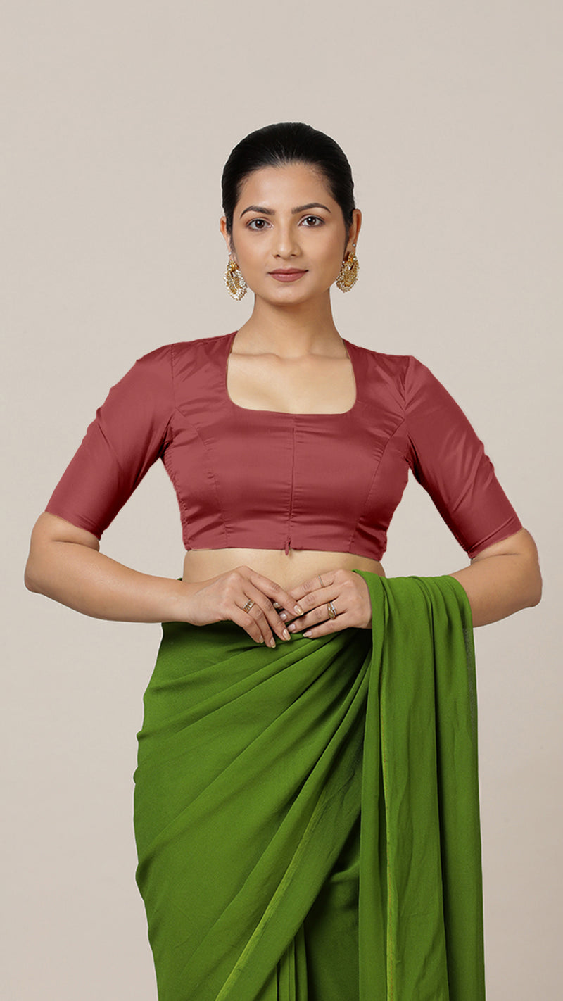 Aziza x Rozaana | Elbow Sleeves Saree Blouse in Auburn Red-Binks