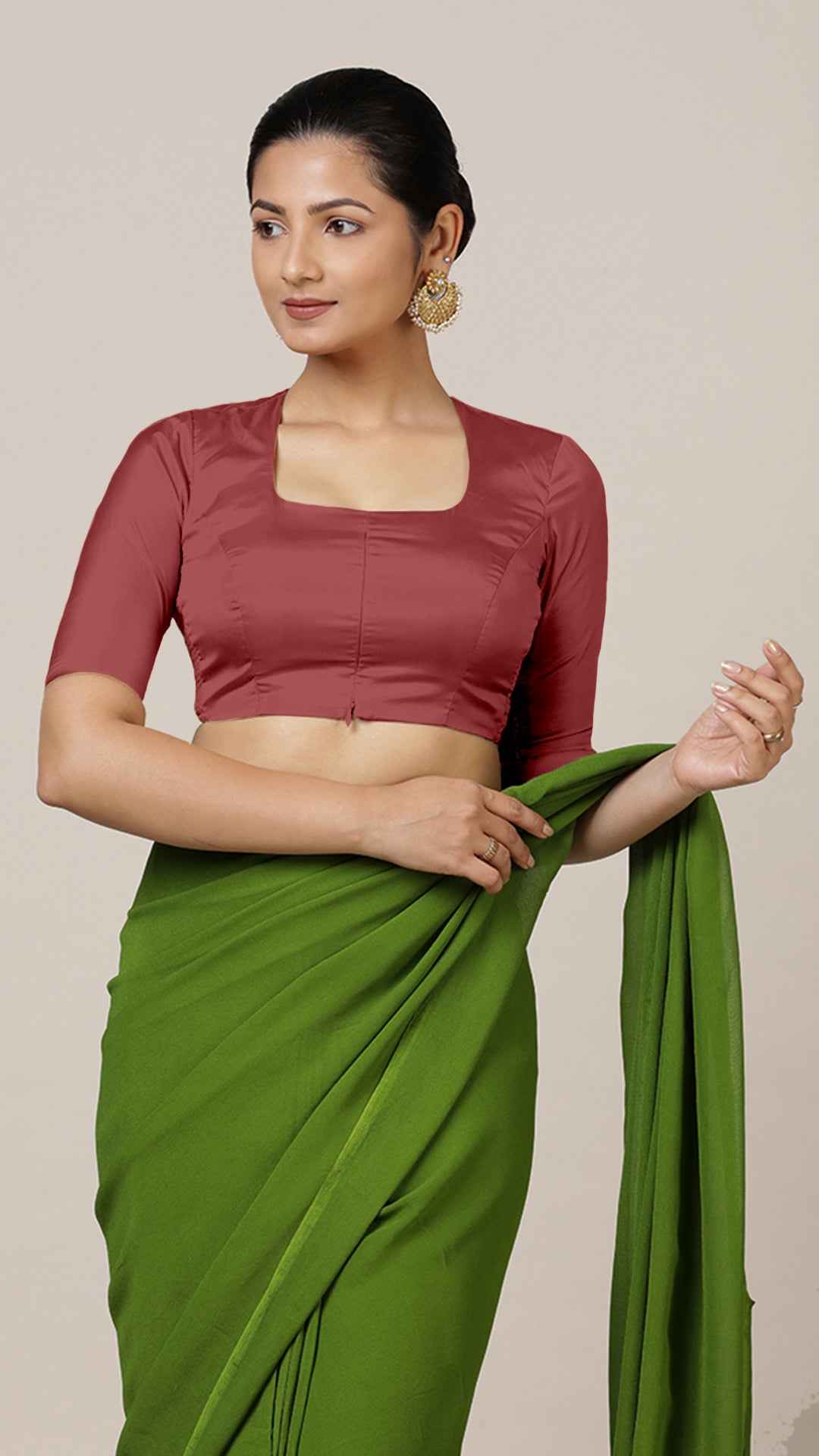 Aziza x Rozaana Saree Blouse, in Red Vegan Silk, featuring elbow sleeves and square neckline, made for daily & work (view 8).