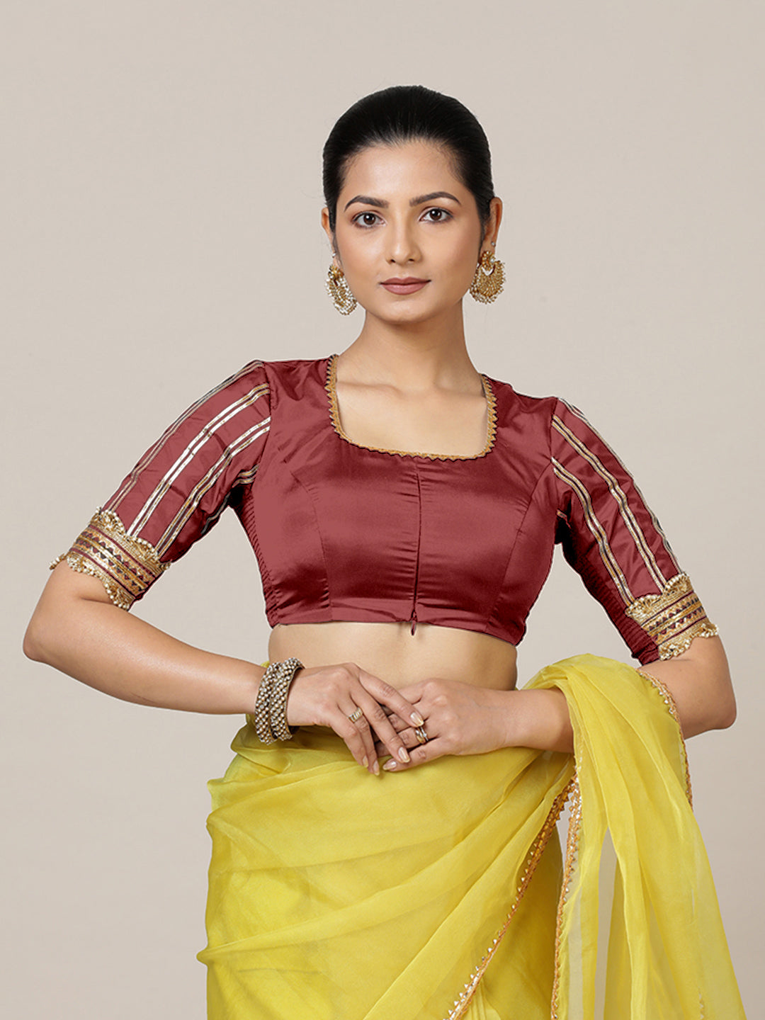 Aziza x Tyohaar Saree Blouse, in Red Vegan Silk, featuring elbow sleeves and square neckline, made for party & festive (view 8).