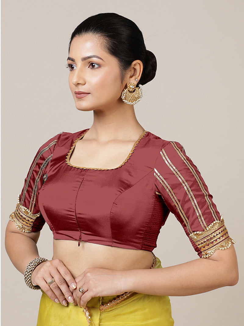 Aziza x Tyohaar | Elbow Sleeves Saree Blouse in Auburn Red-Binks