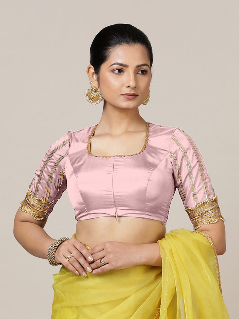 Aziza x Tyohaar | Elbow Sleeves Baby Pink FlexiFit™ Gota Embellished Saree Blouse with Square Neck-Binks