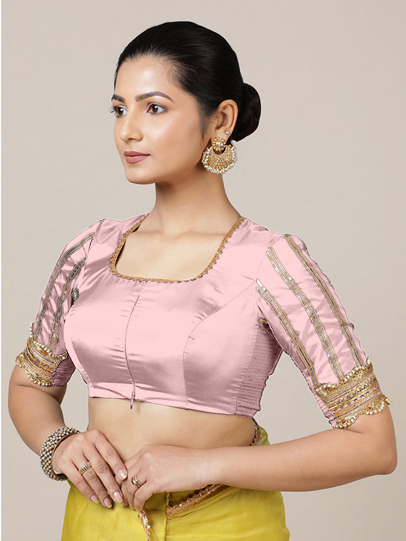 Aziza x Tyohaar | Elbow Sleeves Baby Pink FlexiFit™ Gota Embellished Saree Blouse with Square Neck-Binks