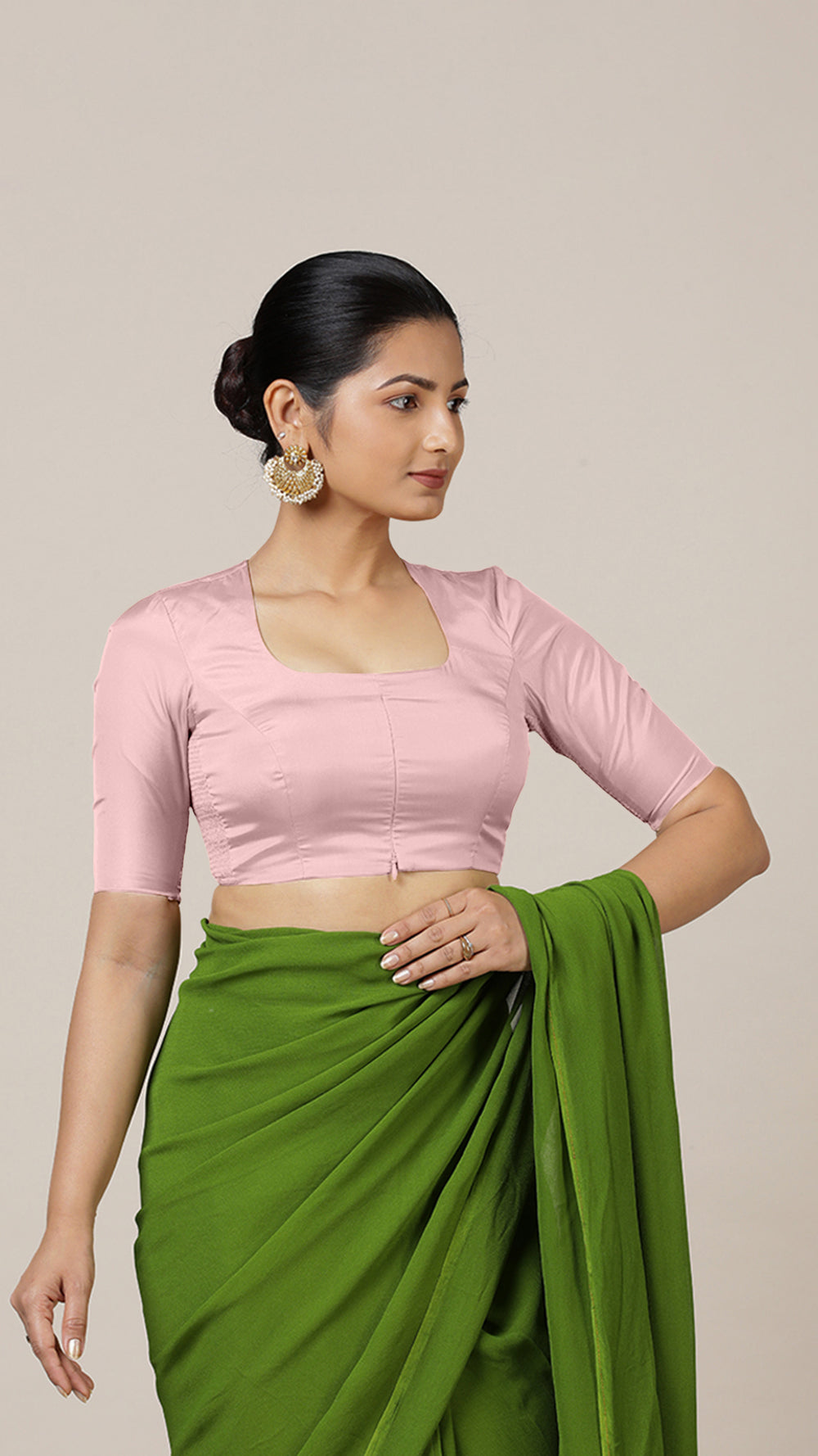 Aziza x Rozaana | Elbow Sleeves Baby Pink FlexiFit™ Saree Blouse with Square Neck