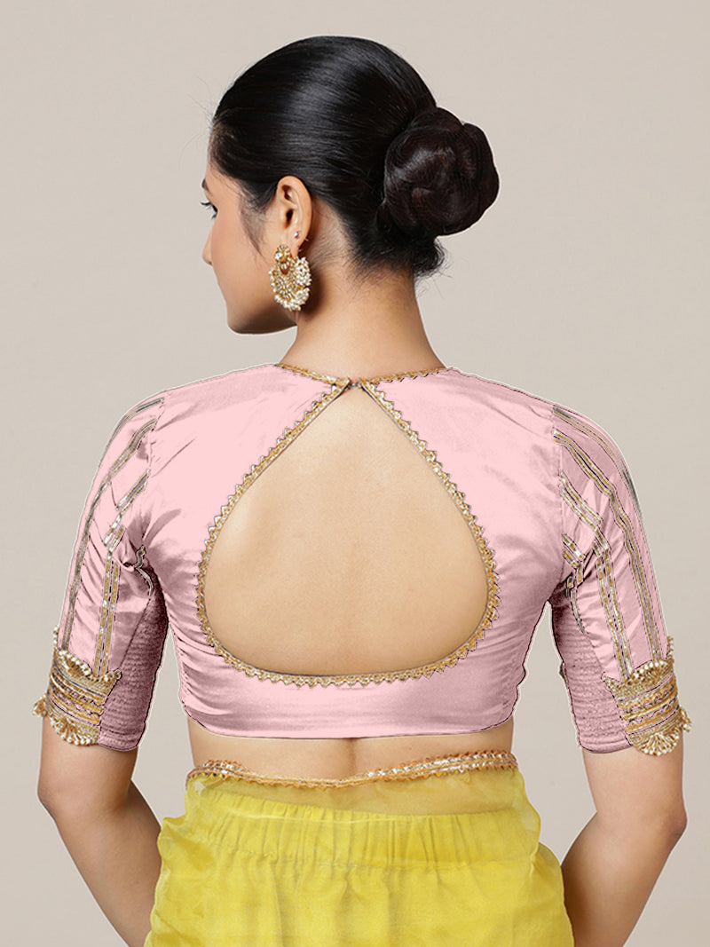 Aziza x Tyohaar | Elbow Sleeves Baby Pink FlexiFit™ Gota Embellished Saree Blouse with Square Neck-Binks