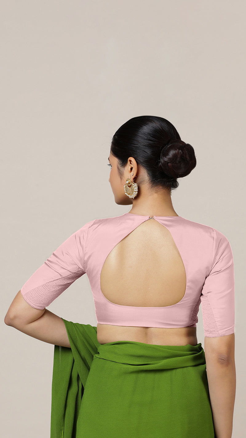 Aziza x Rozaana | Elbow Sleeves Baby Pink FlexiFit™ Saree Blouse with Square Neck-Binks