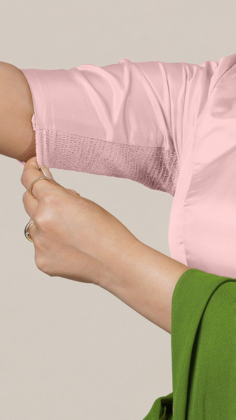 Aziza x Rozaana | Elbow Sleeves Baby Pink FlexiFit™ Saree Blouse with Square Neck-Binks