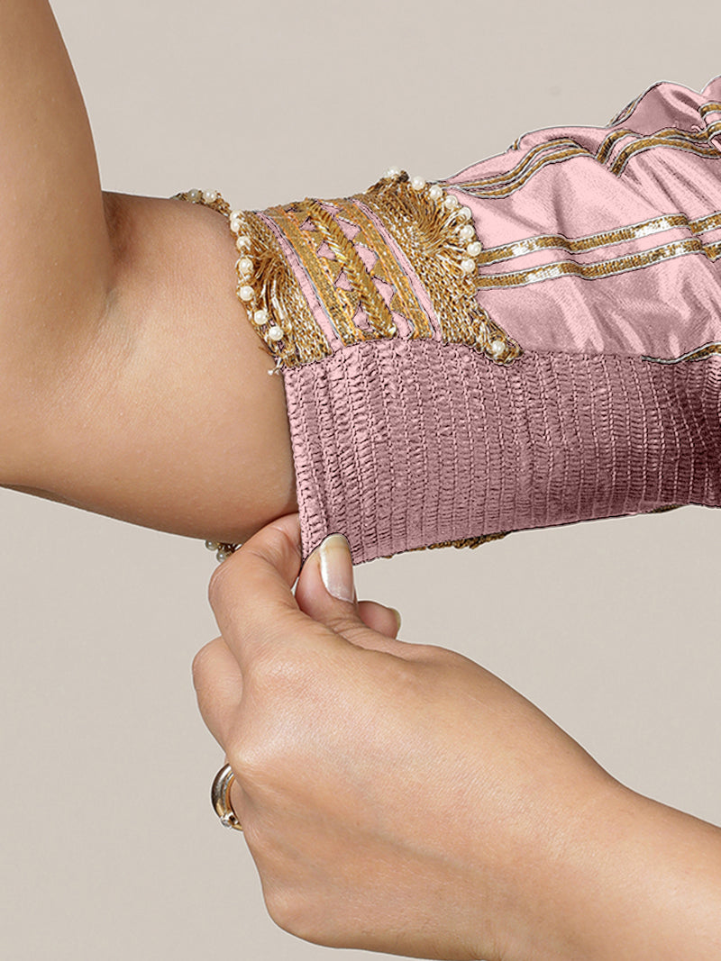 Aziza x Tyohaar | Elbow Sleeves Baby Pink FlexiFit™ Gota Embellished Saree Blouse with Square Neck-Binks