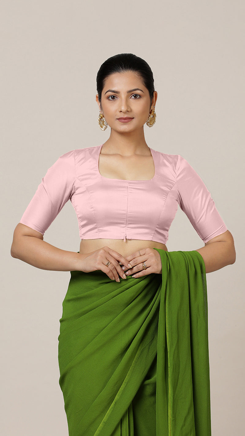Aziza x Rozaana | Elbow Sleeves Baby Pink FlexiFit™ Saree Blouse with Square Neck-Binks