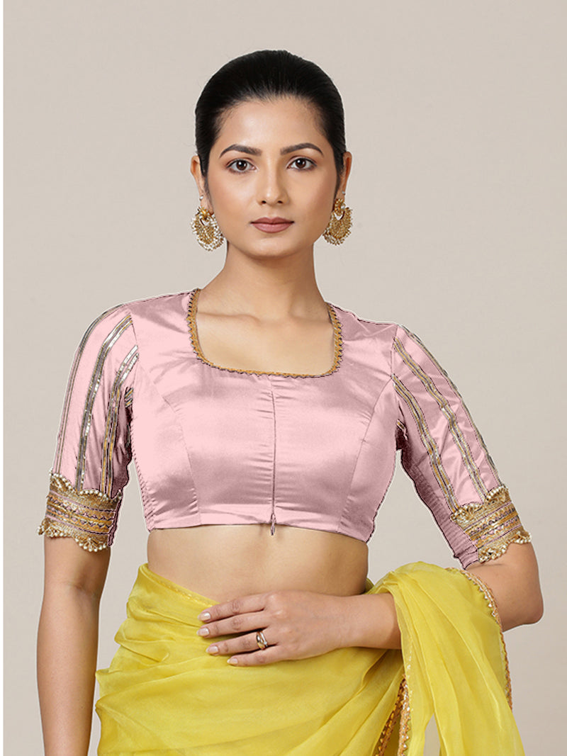 Aziza x Tyohaar | Elbow Sleeves Baby Pink FlexiFit™ Gota Embellished Saree Blouse with Square Neck-Binks