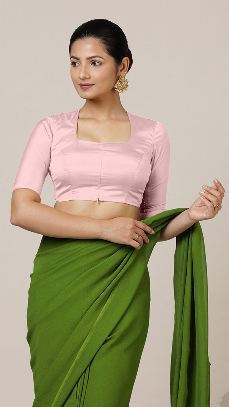 Aziza x Rozaana | Elbow Sleeves Baby Pink FlexiFit™ Saree Blouse with Square Neck-Binks