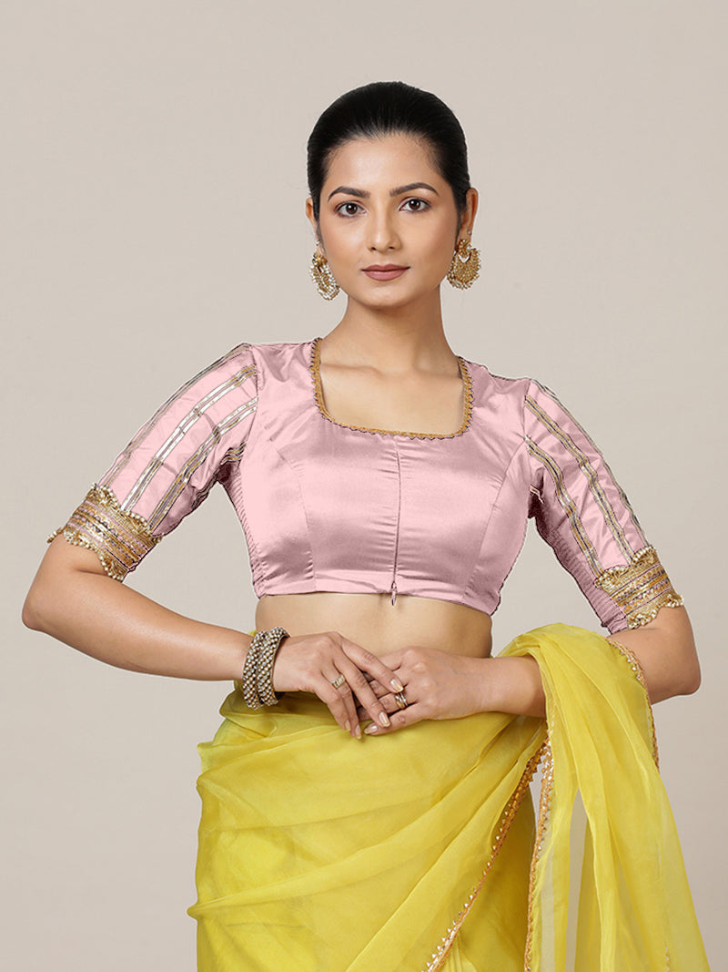 Aziza x Tyohaar | Elbow Sleeves Baby Pink FlexiFit™ Gota Embellished Saree Blouse with Square Neck-Binks