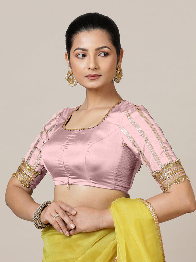 Aziza x Tyohaar | Elbow Sleeves Baby Pink FlexiFit™ Gota Embellished Saree Blouse with Square Neck-Binks