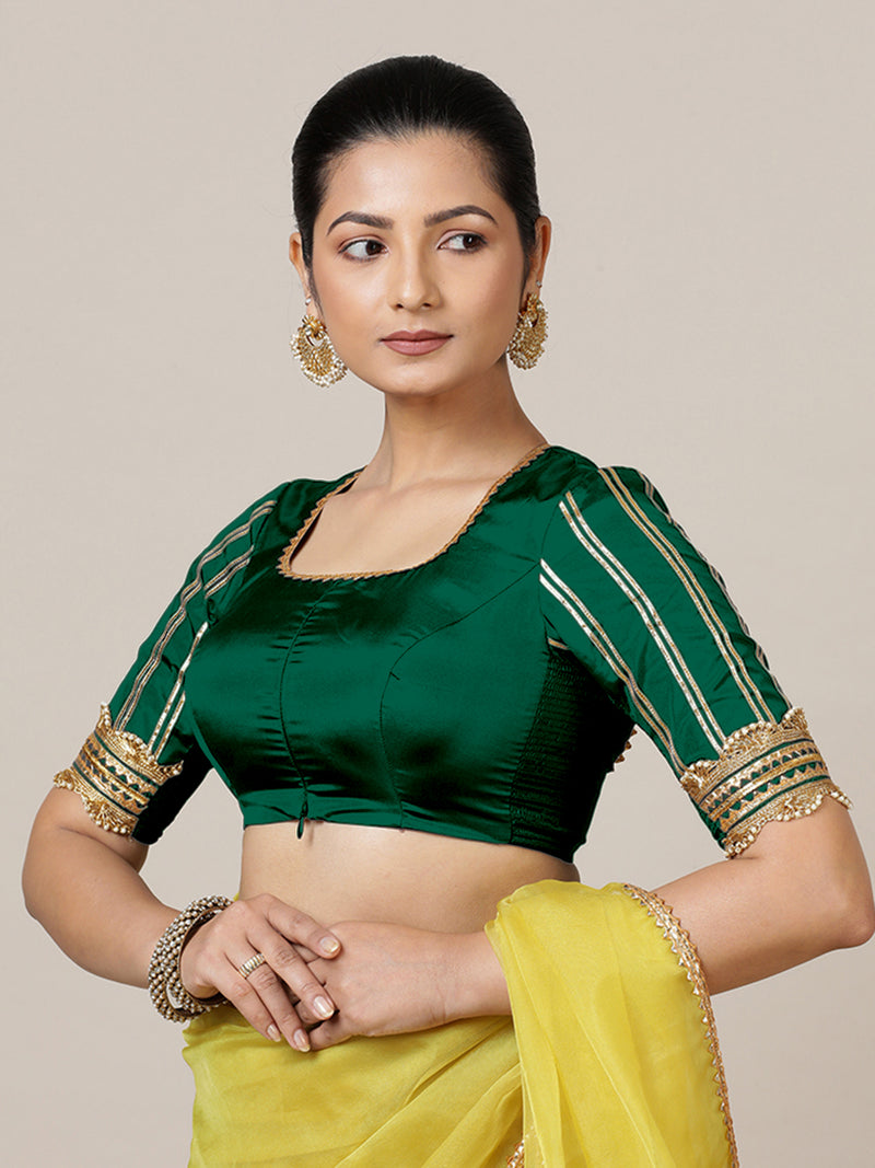 Aziza x Tyohaar | Elbow Sleeves Saree Blouse in Bottle Green-Binks