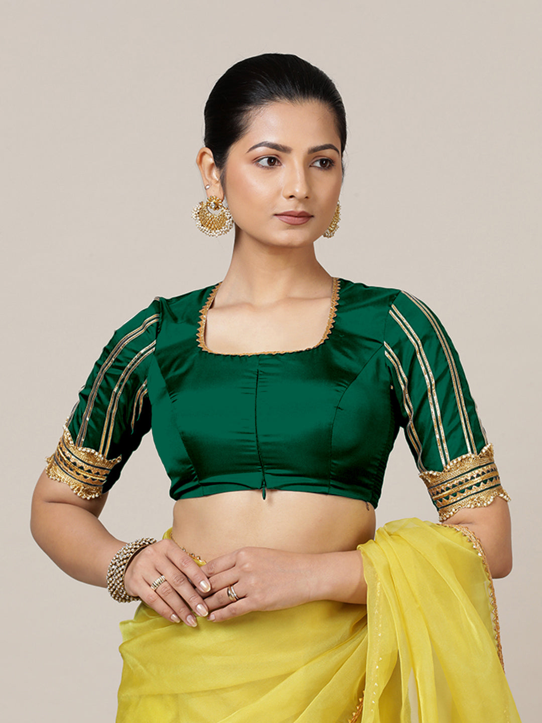 Aziza x Tyohaar Saree Blouse, in Green Vegan Silk, featuring elbow sleeves and square neckline, made for party & festive.