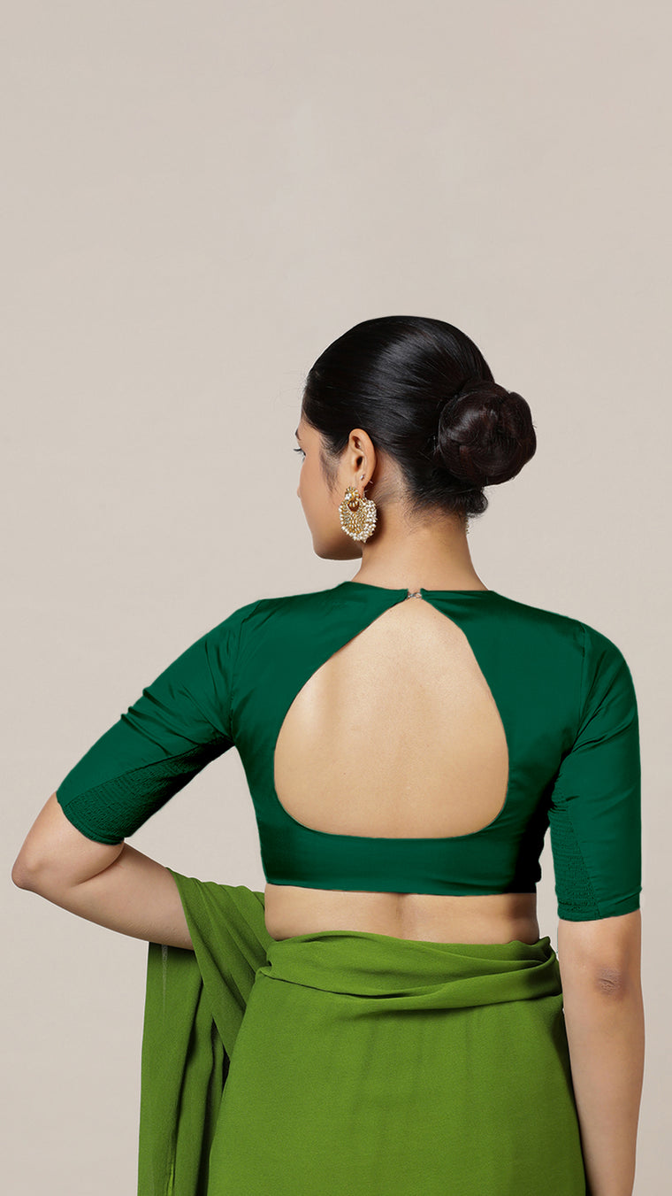 Aziza x Rozaana Saree Blouse, in Green Vegan Silk, featuring elbow sleeves and square neckline, made for daily & work (view 2).