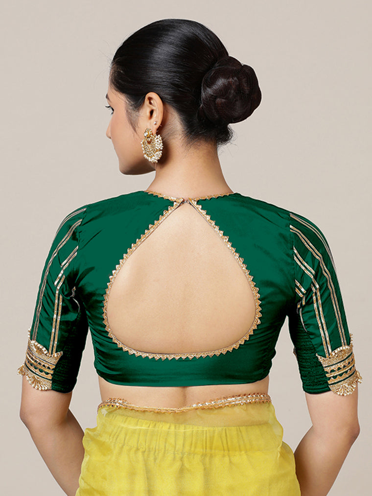 Aziza x Tyohaar Saree Blouse, in Green Vegan Silk, featuring elbow sleeves and square neckline, made for party & festive.