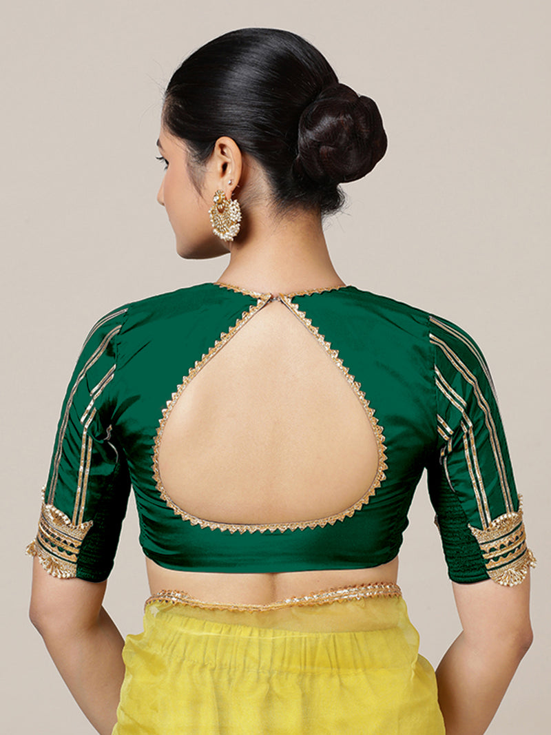 Aziza x Tyohaar | Elbow Sleeves Saree Blouse in Bottle Green-Binks