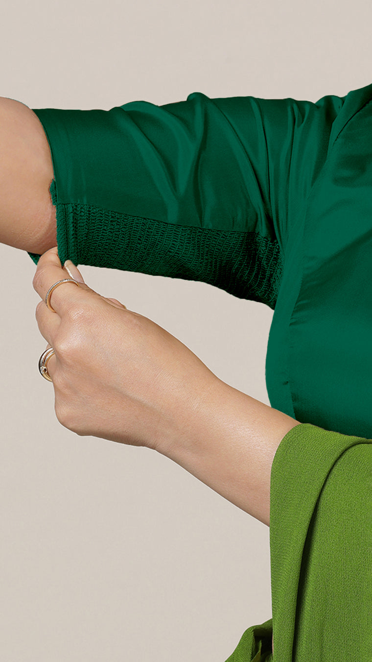 Aziza x Rozaana Saree Blouse, in Green Vegan Silk, featuring elbow sleeves and square neckline, made for daily & work (view 3).
