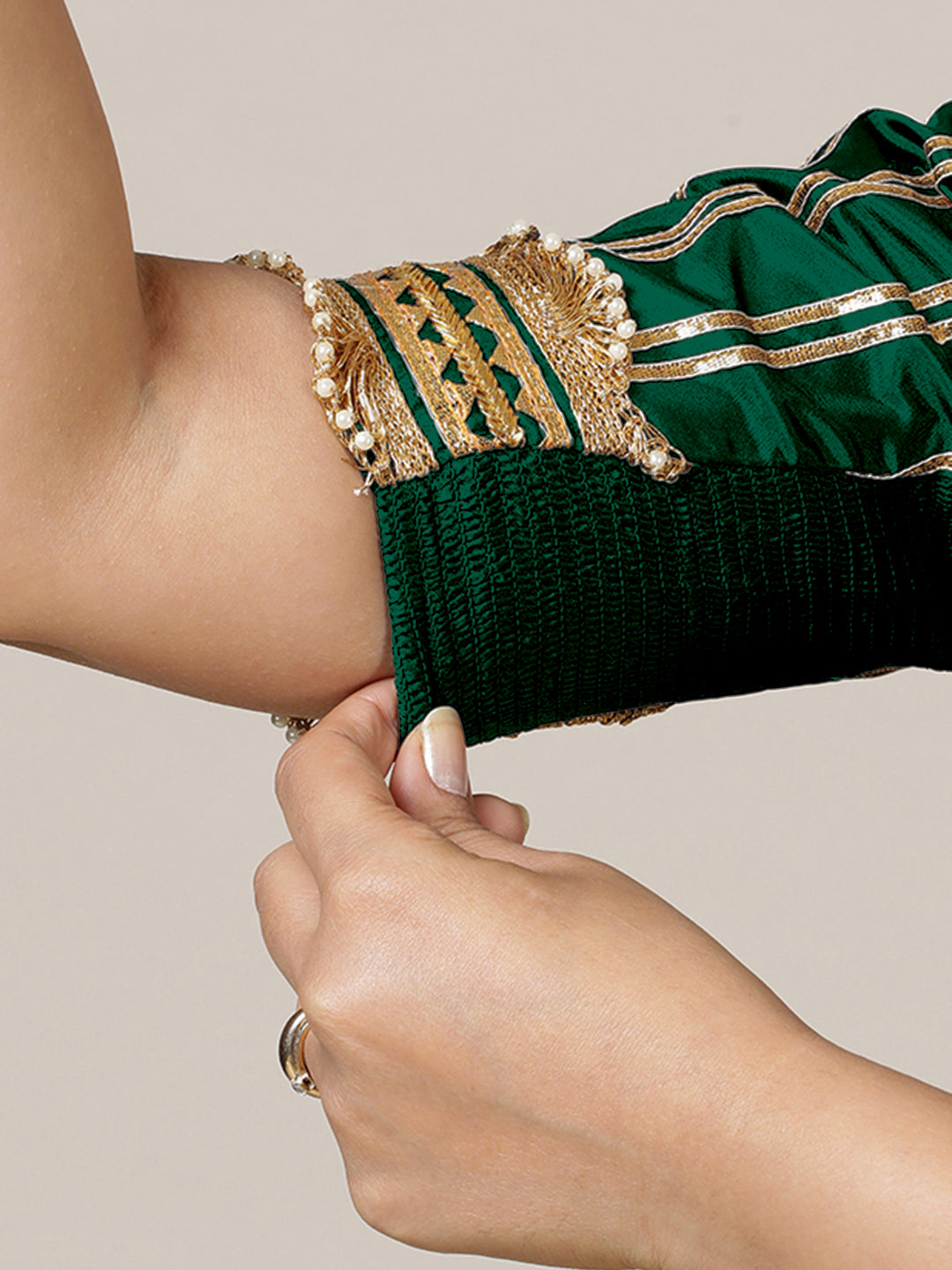 Aziza x Tyohaar Saree Blouse, in Green Vegan Silk, featuring elbow sleeves and square neckline, made for party & festive.