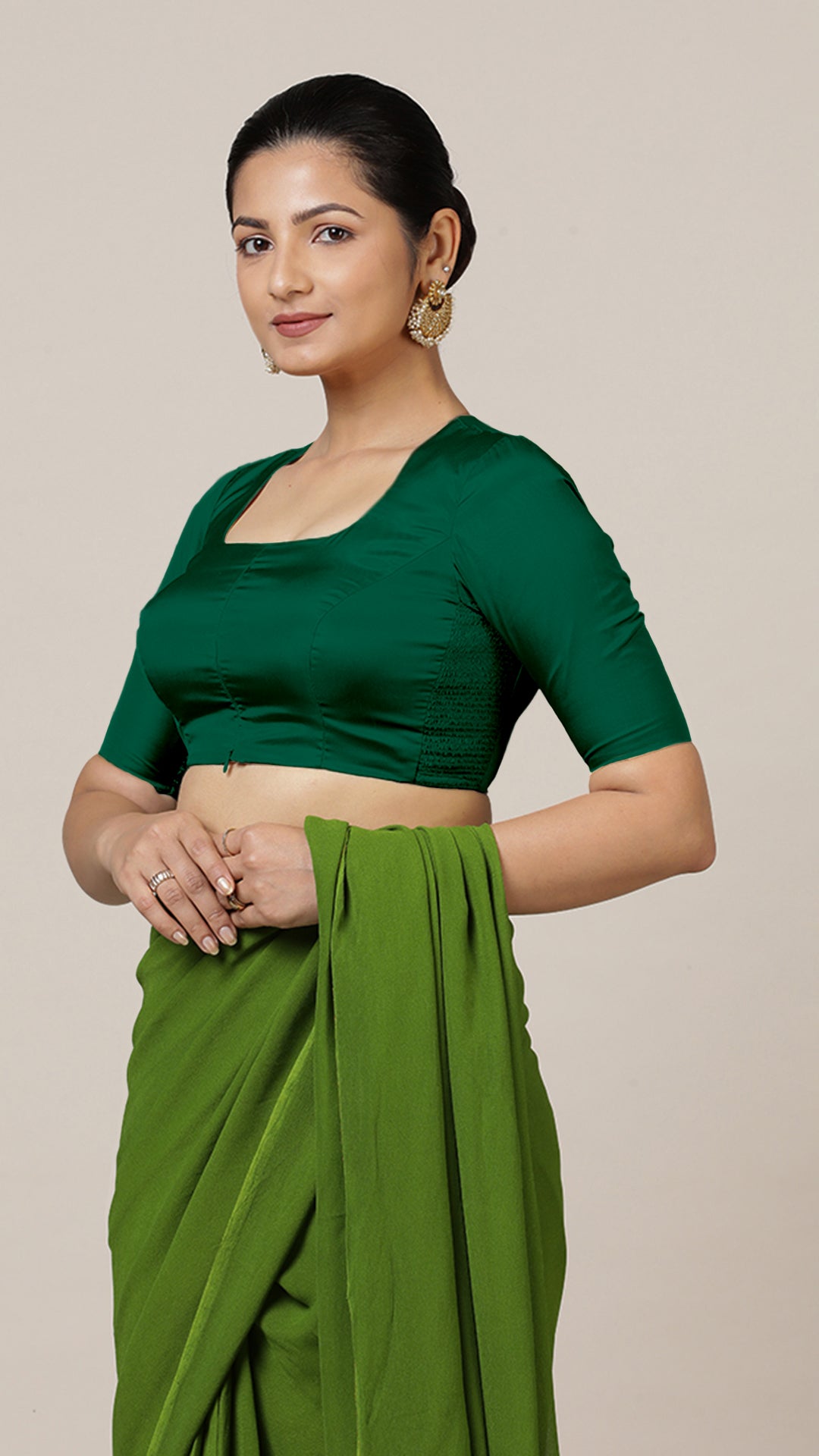 Aziza x Rozaana Saree Blouse, in Green Vegan Silk, featuring elbow sleeves and square neckline, made for daily & work (view 6).