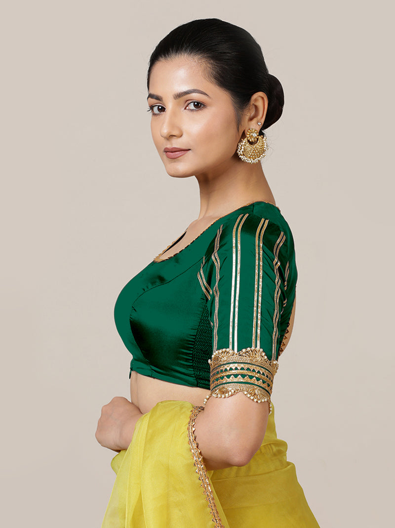 Aziza x Tyohaar | Elbow Sleeves Saree Blouse in Bottle Green-Binks