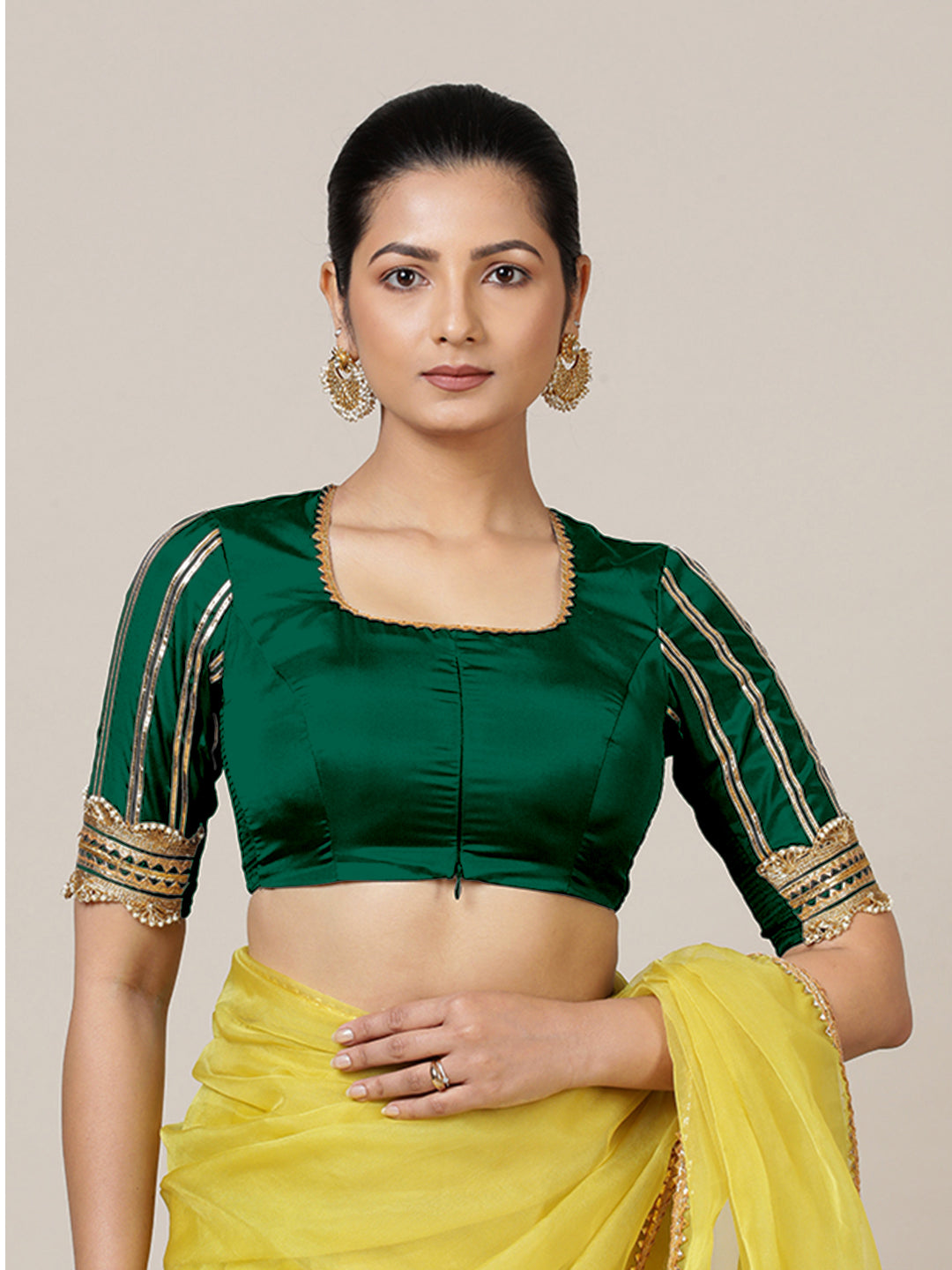 Aziza x Tyohaar Saree Blouse, in Green Vegan Silk, featuring elbow sleeves and square neckline, made for party & festive.