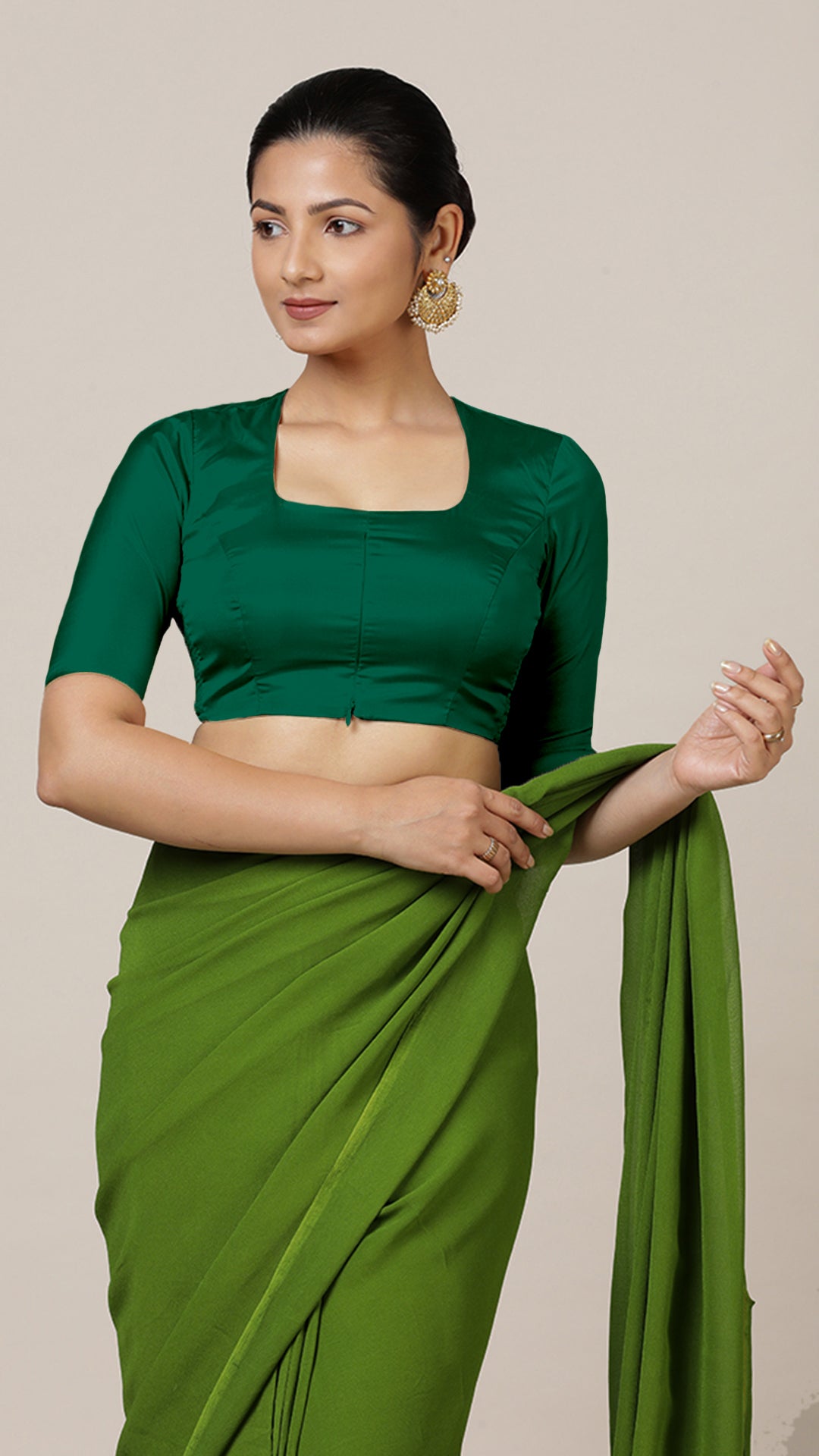 Aziza x Rozaana Saree Blouse, in Green Vegan Silk, featuring elbow sleeves and square neckline, made for daily & work (view 8).