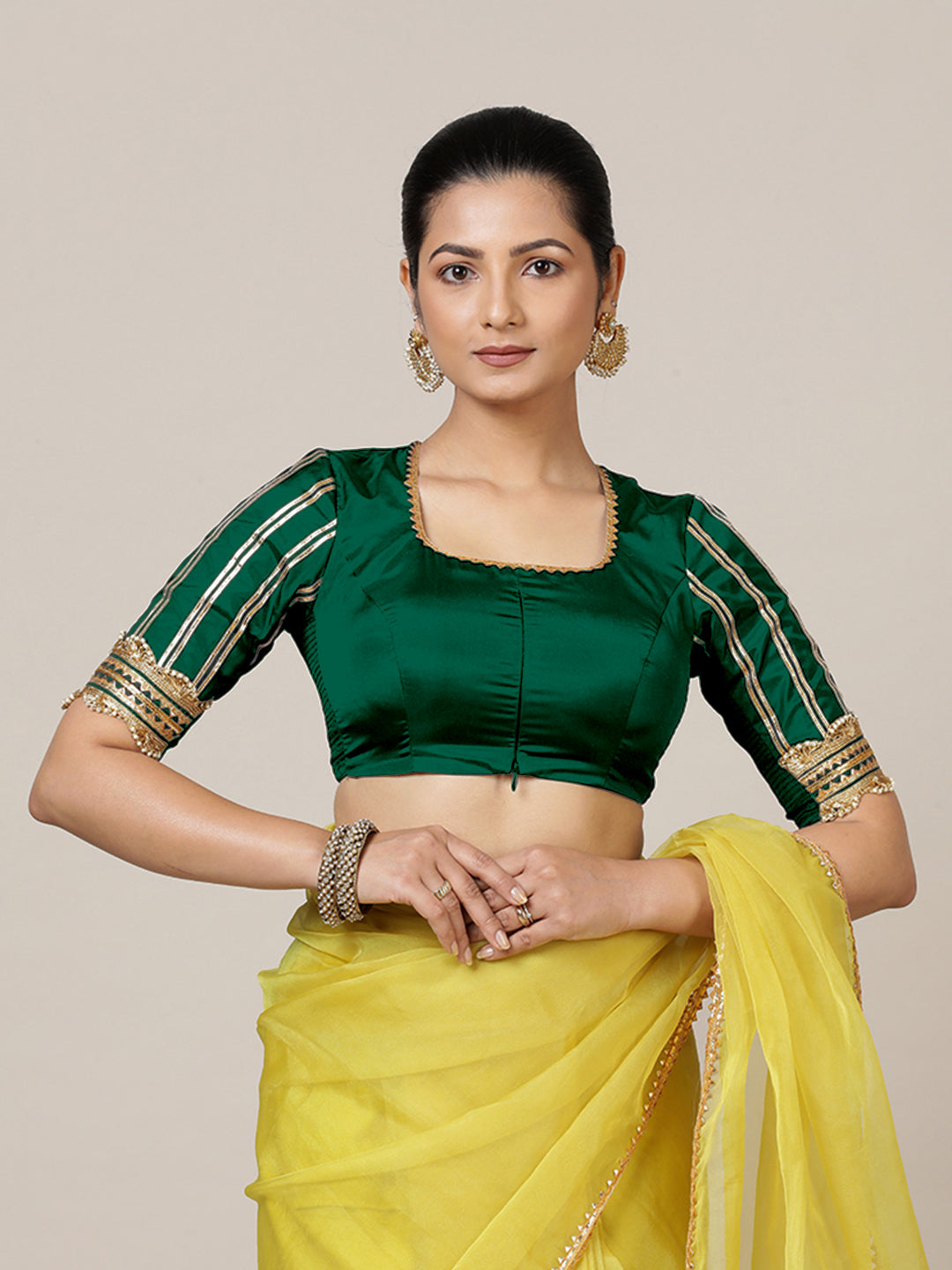 Aziza x Tyohaar Saree Blouse, in Green Vegan Silk, featuring elbow sleeves and square neckline, made for party & festive.