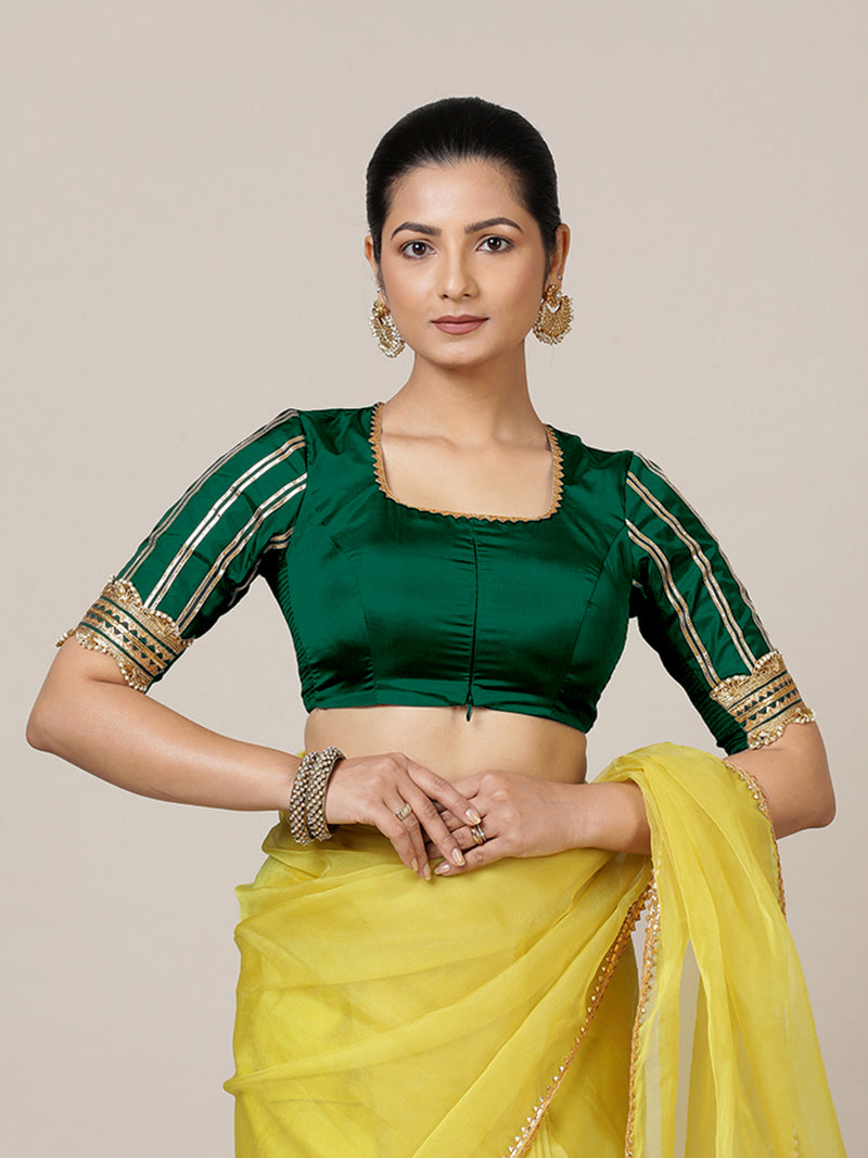 Aziza x Tyohaar | Elbow Sleeves Saree Blouse in Bottle Green-Binks