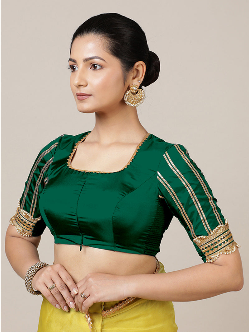 Aziza x Tyohaar | Elbow Sleeves Saree Blouse in Bottle Green-Binks