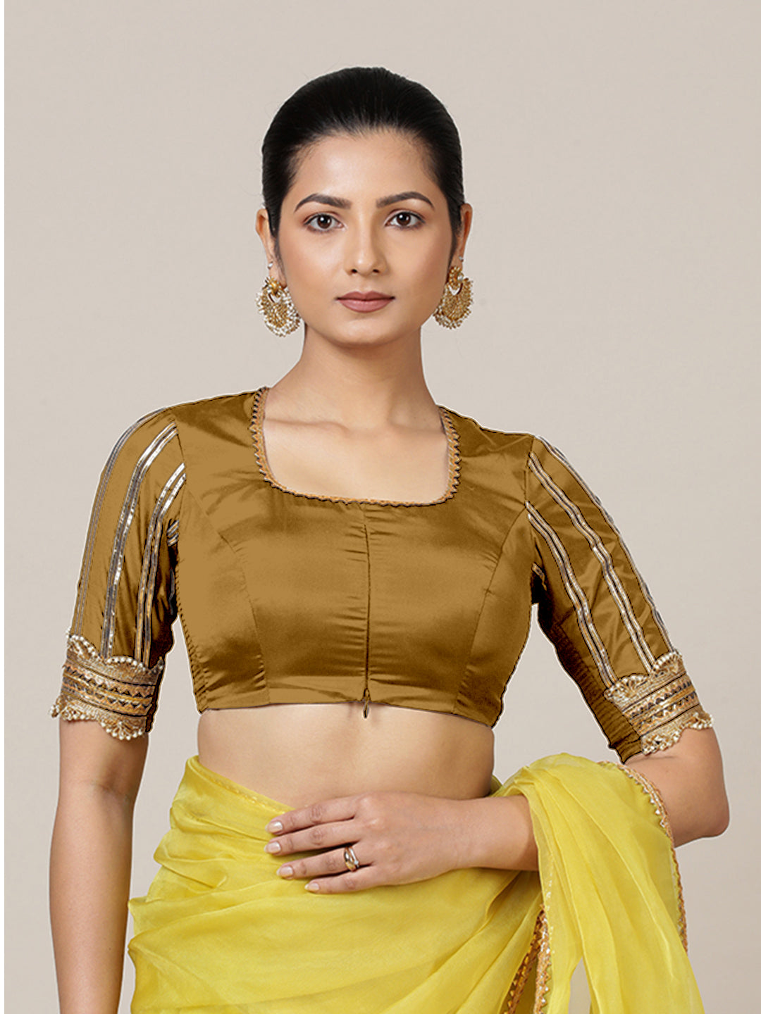 Aziza x Tyohaar Saree Blouse, in Gold Vegan Silk, featuring elbow sleeves and square neckline, made for party & festive.