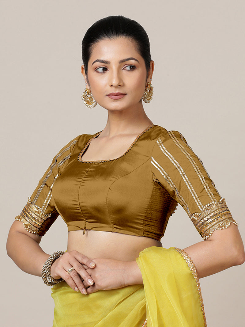 Aziza x Tyohaar | Elbow Sleeves Saree Blouse in Bronze Gold-Binks