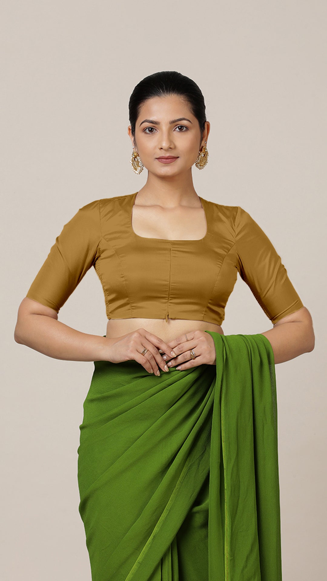 Aziza x Rozaana Saree Blouse, in Gold Vegan Silk, featuring elbow sleeves and square neckline, made for daily & work.