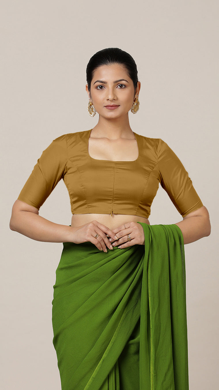 Aziza x Rozaana Saree Blouse, in Gold Vegan Silk, featuring elbow sleeves and square neckline, made for daily & work.
