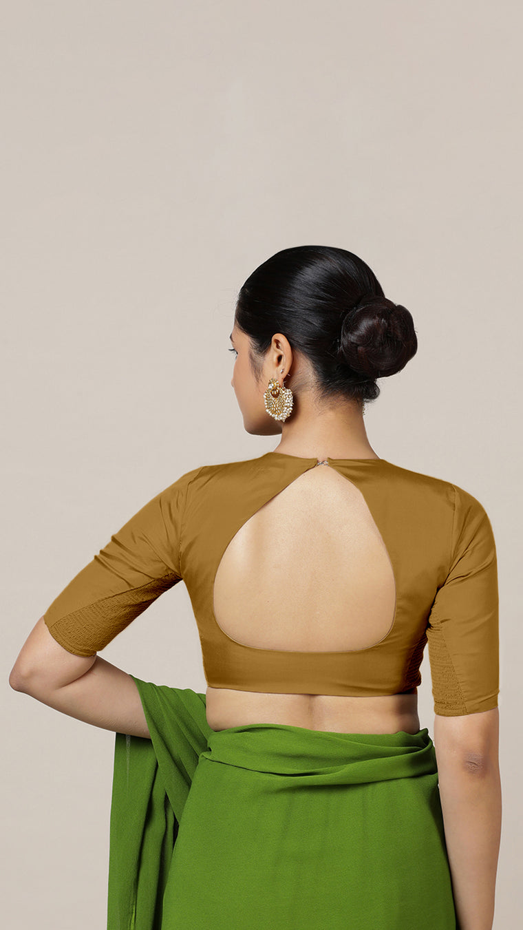 Aziza x Rozaana Saree Blouse, in Gold Vegan Silk, featuring elbow sleeves and square neckline, made for daily & work (view 2).