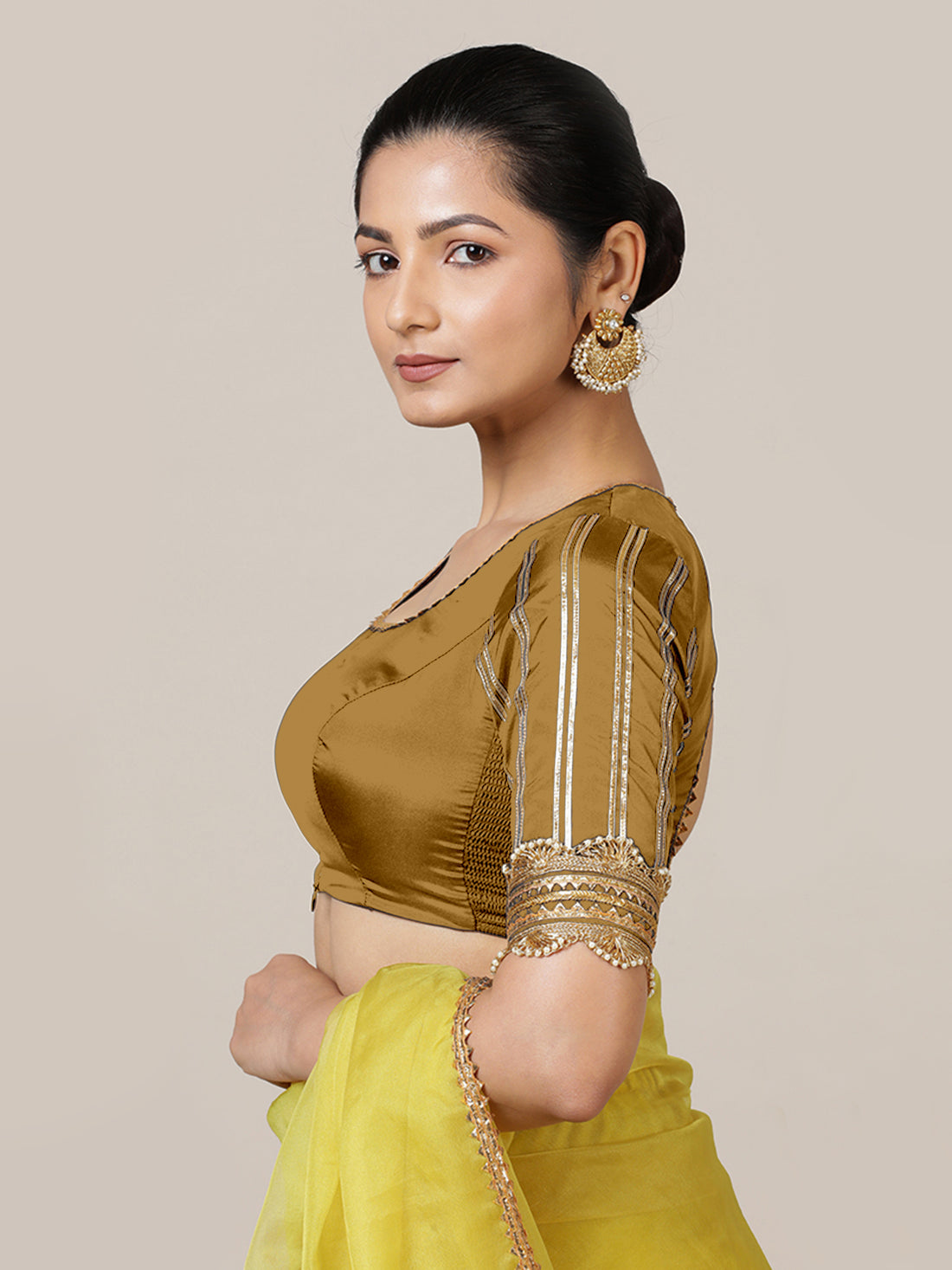 Aziza x Tyohaar Saree Blouse, in Gold Vegan Silk, featuring elbow sleeves and square neckline, made for party & festive.