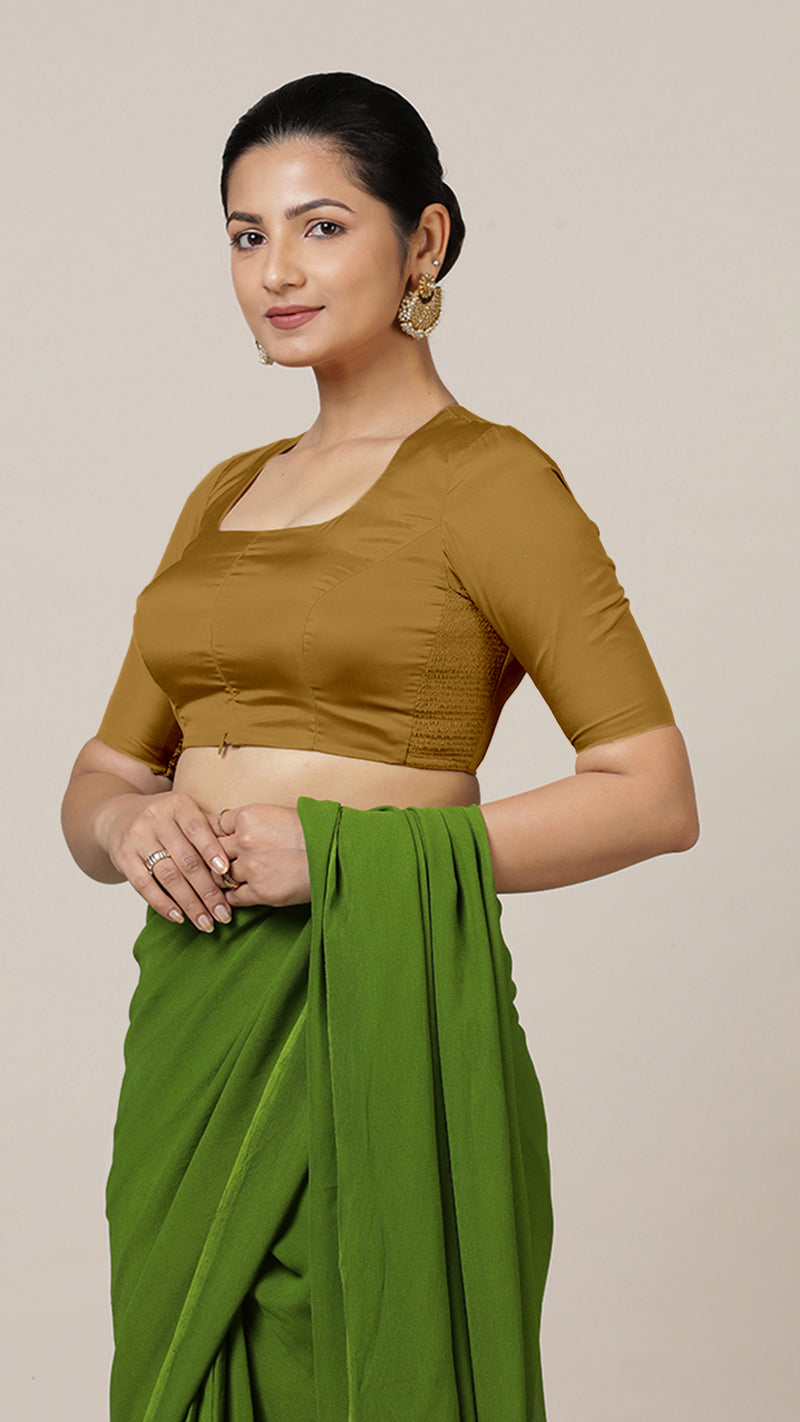 Aziza x Rozaana | Elbow Sleeves Saree Blouse in Bronze Gold-Binks