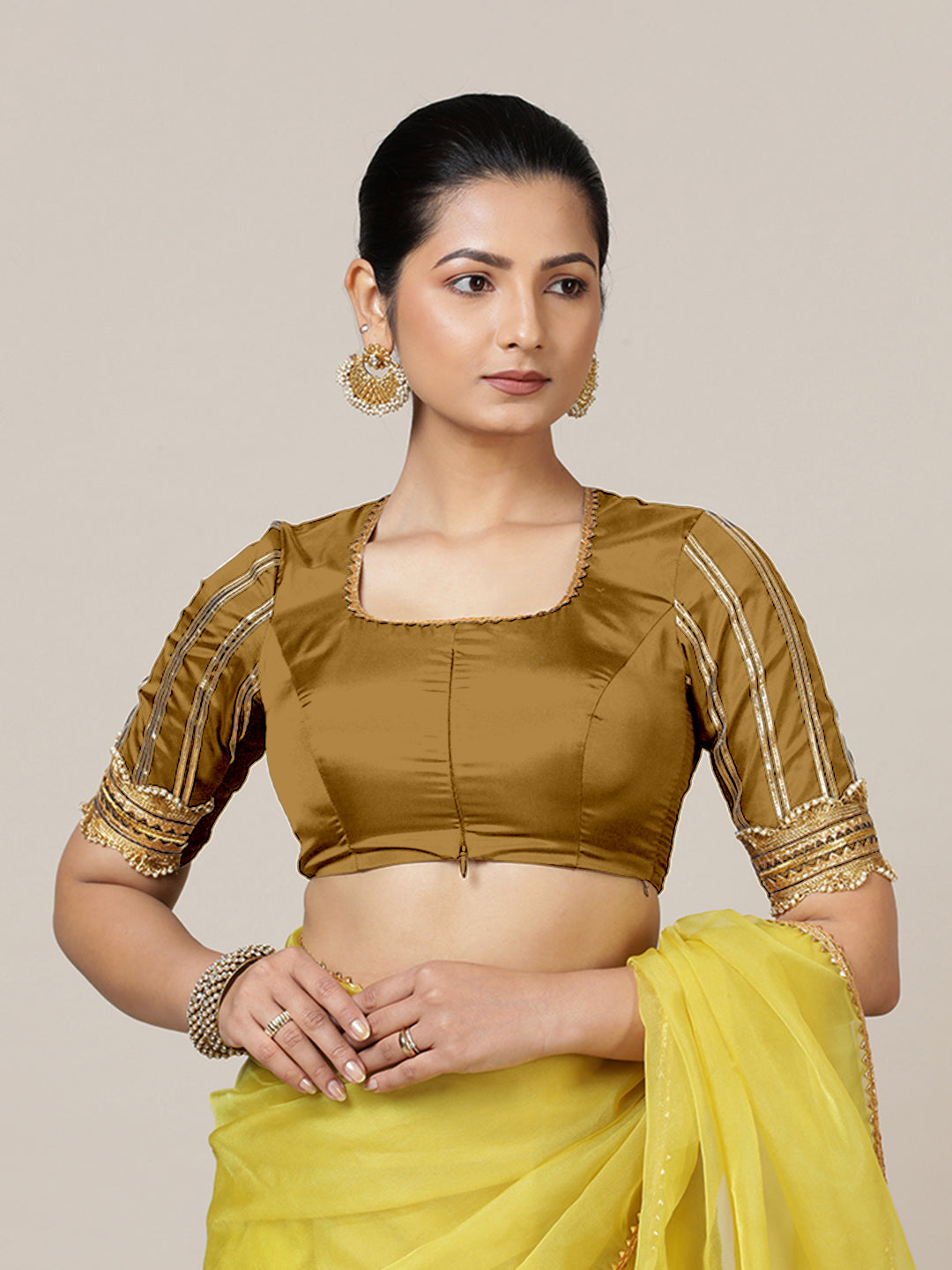 Aziza x Tyohaar Saree Blouse, in Gold Vegan Silk, featuring elbow sleeves and square neckline, made for party & festive.
