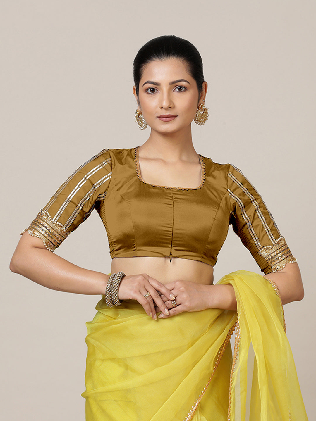 Aziza x Tyohaar Saree Blouse, in Gold Vegan Silk, featuring elbow sleeves and square neckline, made for party & festive.