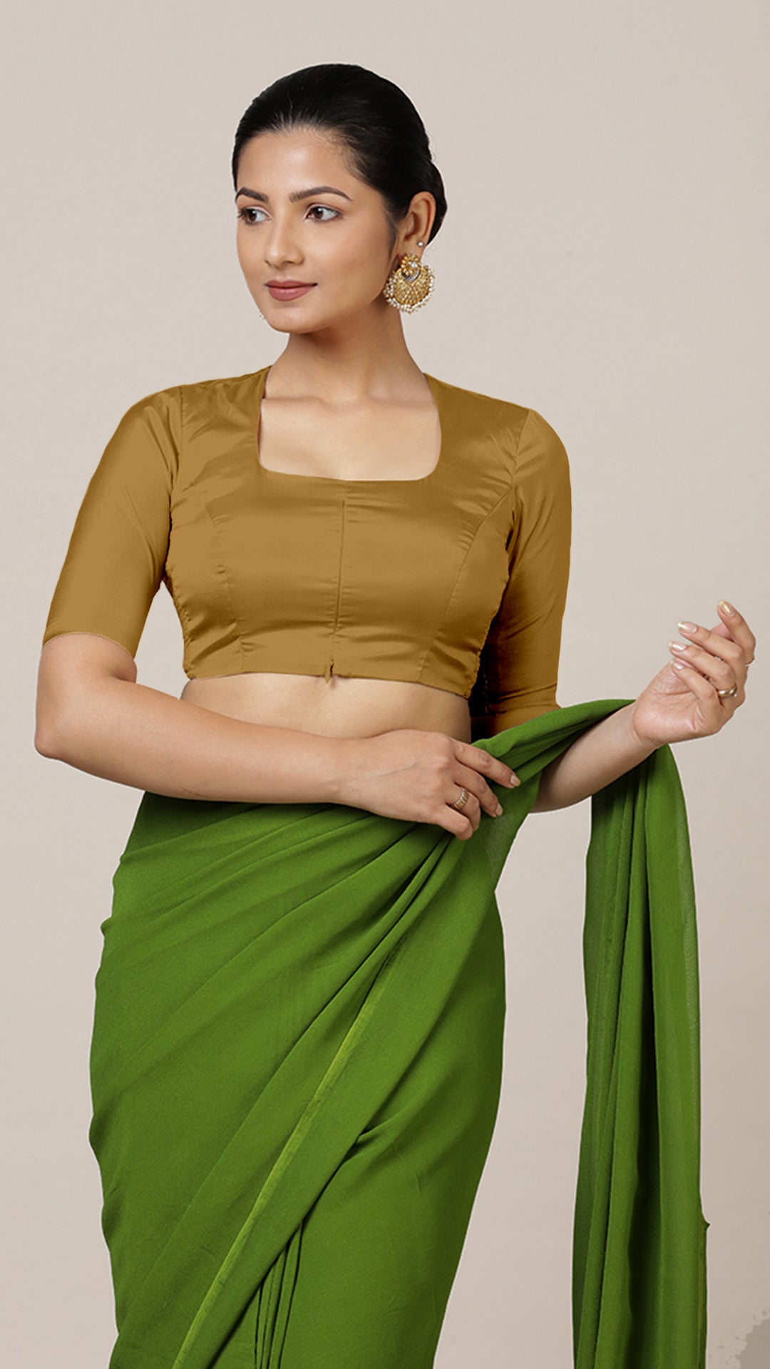 Aziza x Rozaana Saree Blouse, in Gold Vegan Silk, featuring elbow sleeves and square neckline, made for daily & work (view 8).