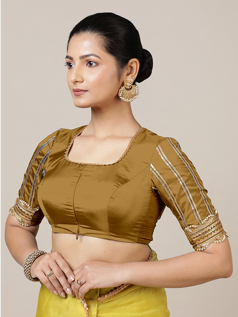 Aziza x Tyohaar | Elbow Sleeves Saree Blouse in Bronze Gold-Binks